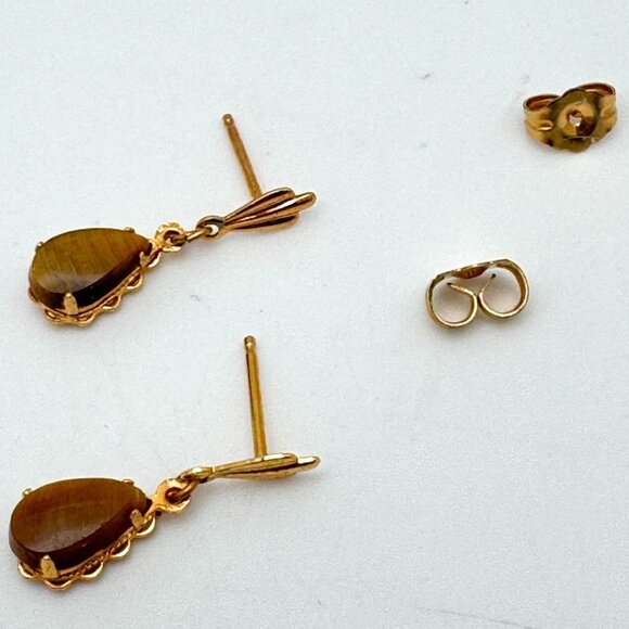 Vintage 14K Gold Post 12K Gold Filled Tigers Eye Drop Earrings Gift - Picture 6 of 6